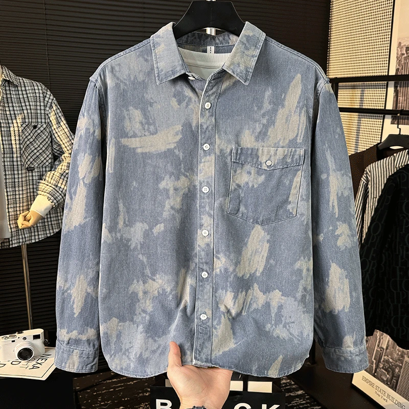 男士衬衫外套春秋潮牌长袖衬衫男士时尚印花休闲宽松潮流百搭痞帅