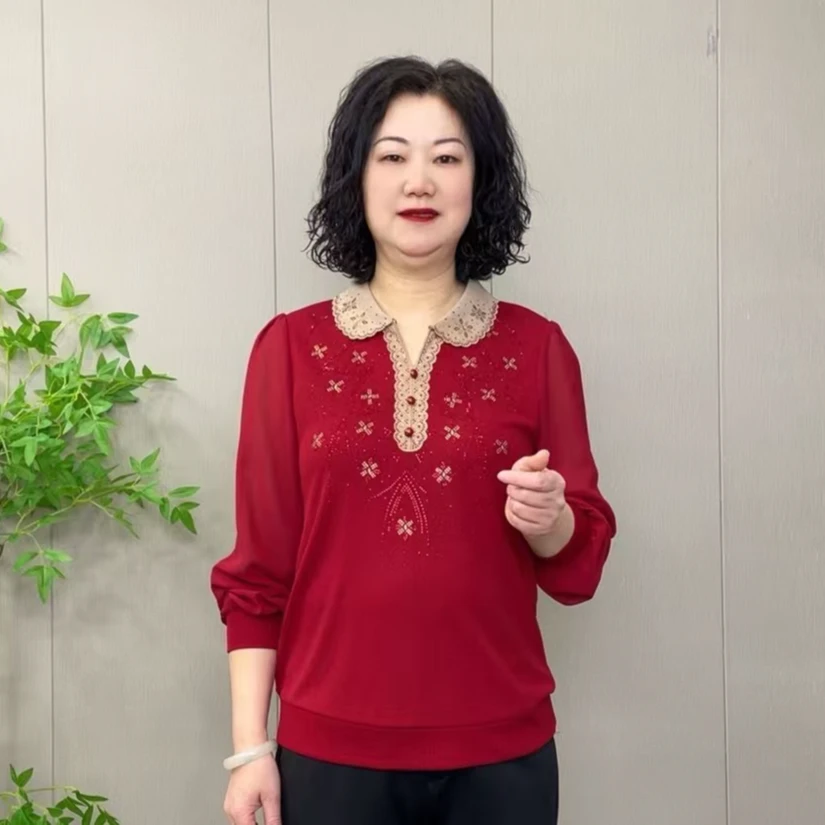 2025春季新款显瘦洋气休闲休闲百搭气质遮肚宽松烫钻翻领妈妈装