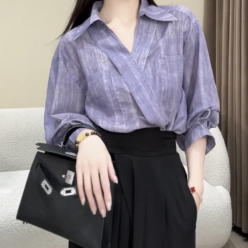 小众Polo领五分袖衬衫女夏2025新款衬衣上衣紫色时尚气质显瘦