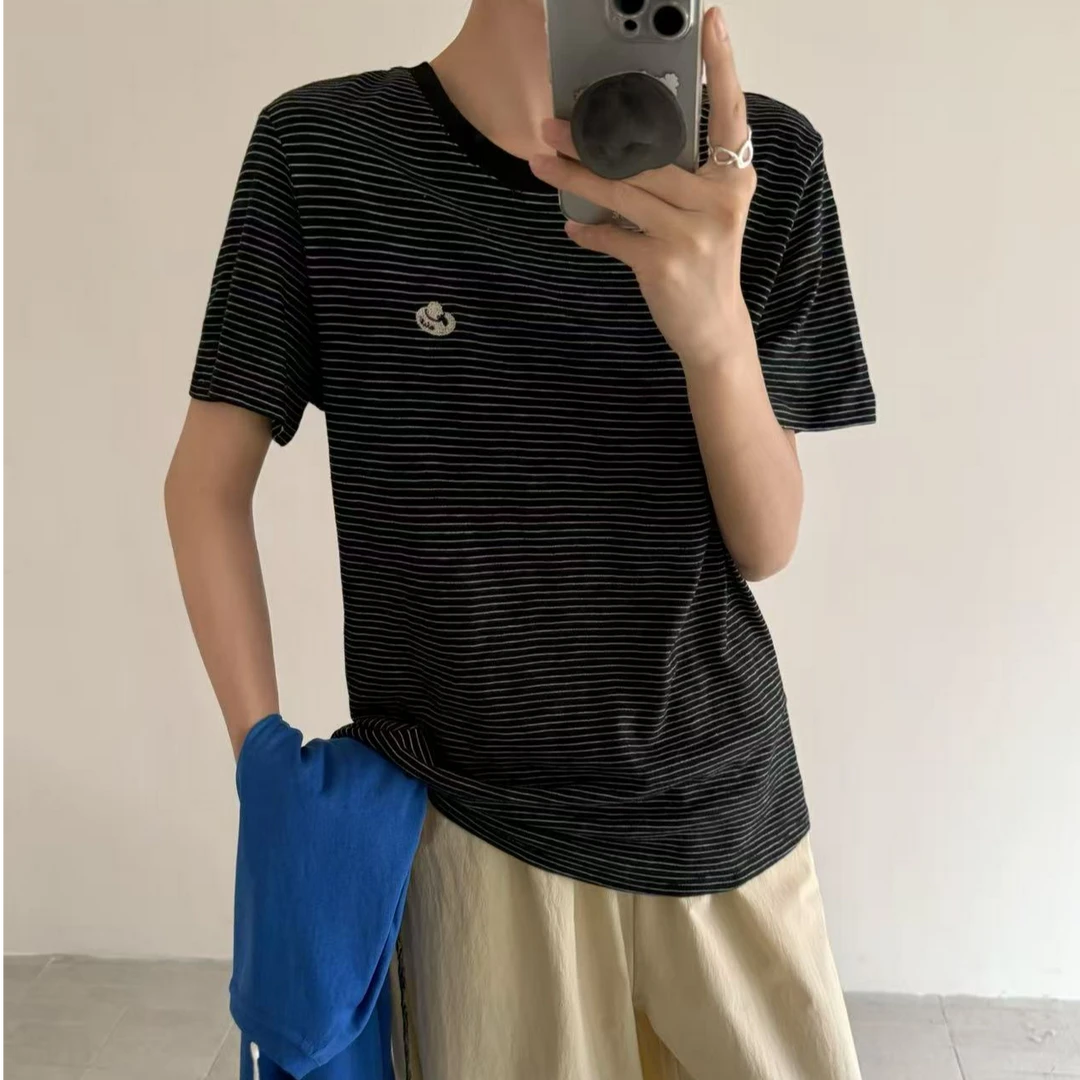 百搭条纹短袖圆领T恤休闲显瘦夏季半袖正肩上衣户外夏夏日穿搭