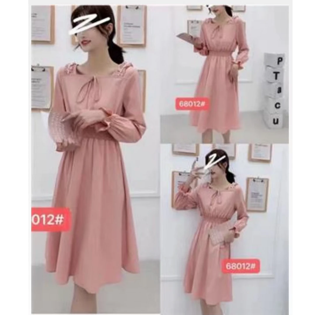 615 韩版收腰中长袖珍珠设计感方领连衣裙女夏装