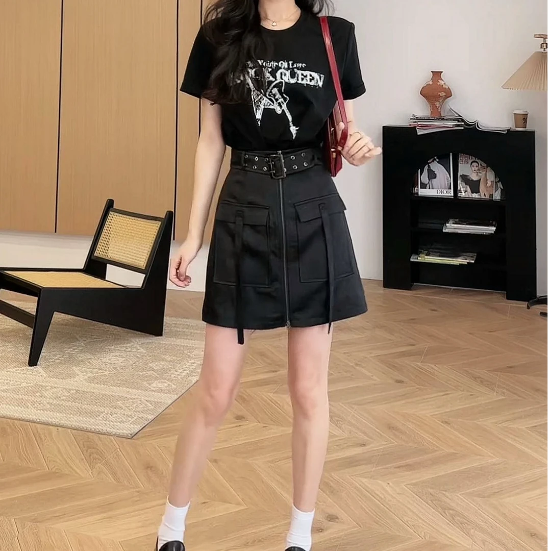 夏季美式复古修身显瘦连衣裙假两件拼接工装半身裙个性连衣裙