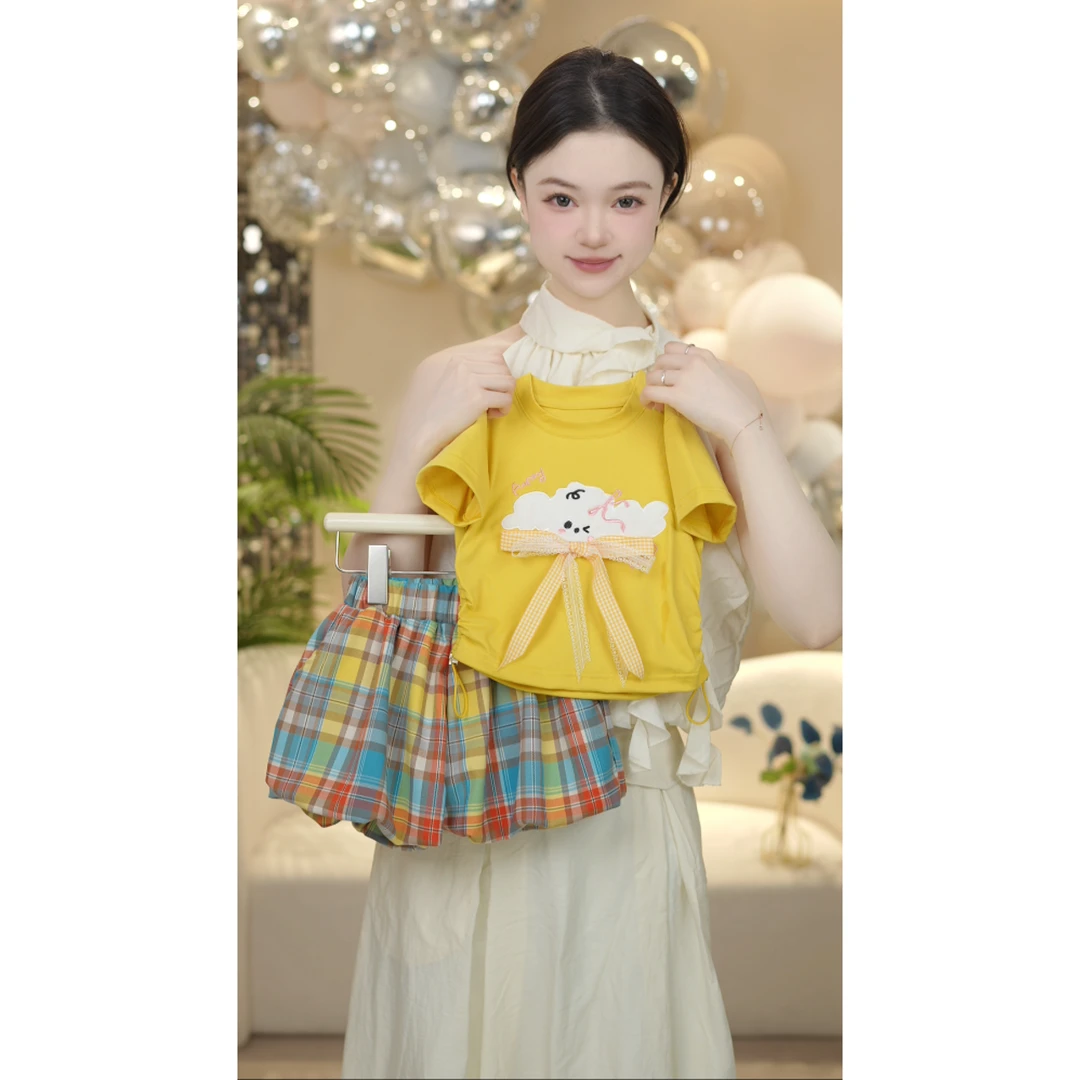 【MM】2025夏季女童日系可爱毛绒小狗短袖T恤夏季小众套装两件套