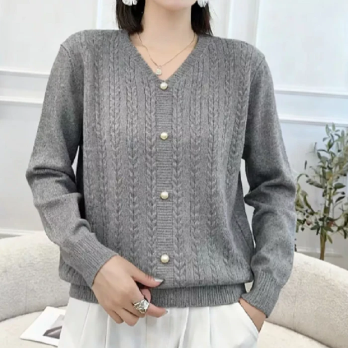 KQ套头麻花珍珠扣针织衫灰色