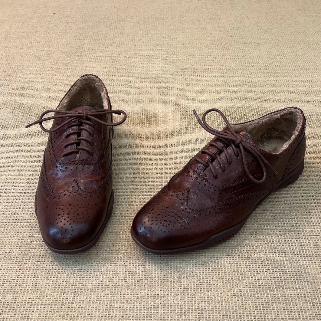 RubyL/2cm复古英伦风通勤百搭雕花系带舒适圆头厚底加绒单鞋女款