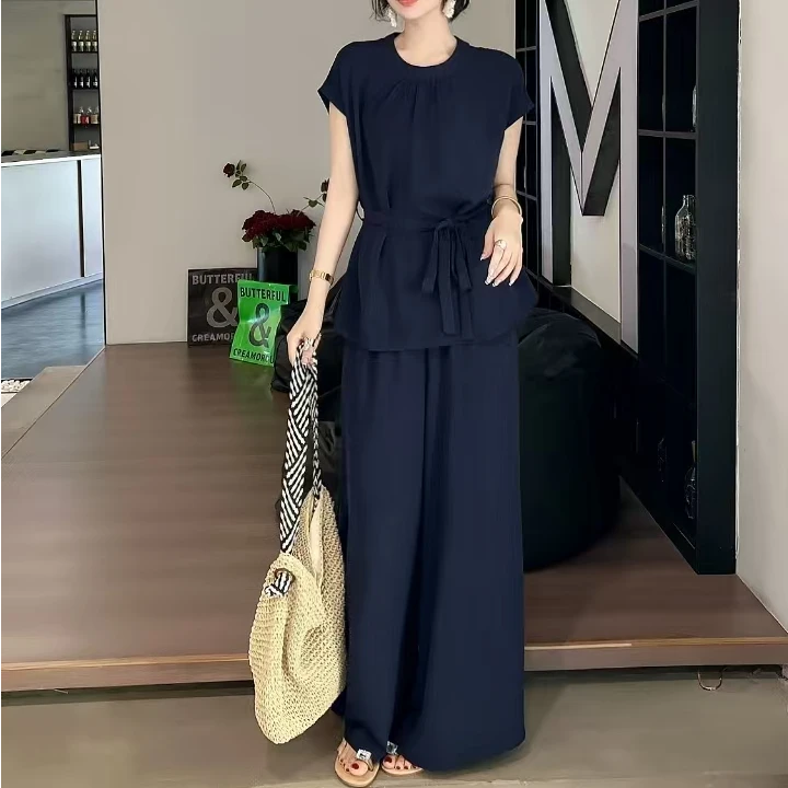 6087胖mm时尚净色两件套裤阔腿 2025夏季新款