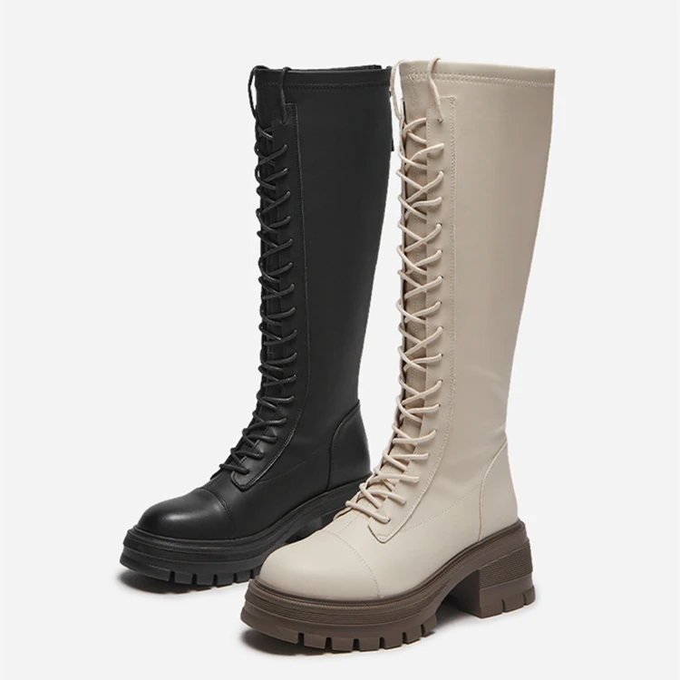 厚底系带长靴女新款弹力显瘦增高小个子不过膝长筒骑士靴19897