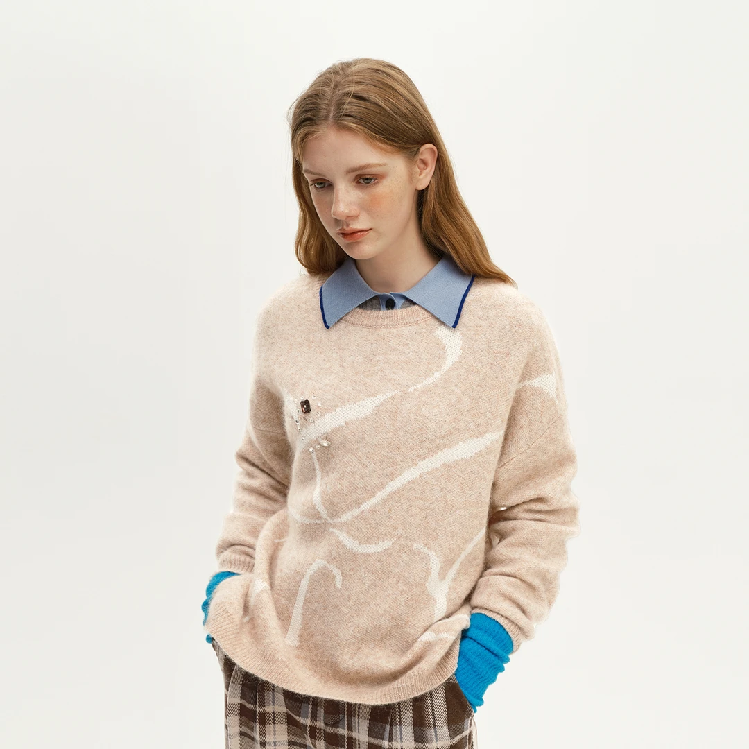 Eachway/艺之卉时尚宽松圆领长袖提花保暖秋冬针织衫EU41M05783