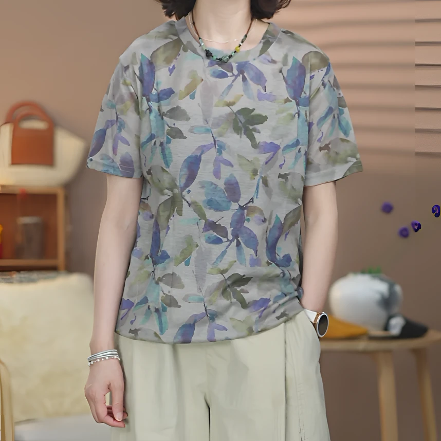 9500夏季新款文艺清新复古时尚百搭休闲宽松显瘦圆领花朵短袖T恤