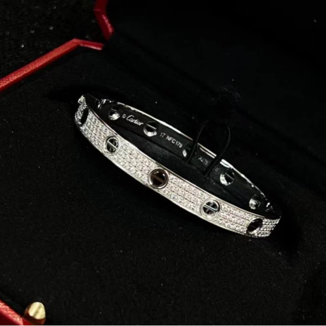 95新 Cartier/卡地亚 小花6欢LOVE 满天星 宽版爆钻手镯白金17码