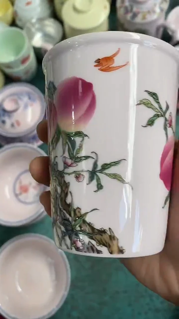 摆件陶红稀土寿桃可乐杯