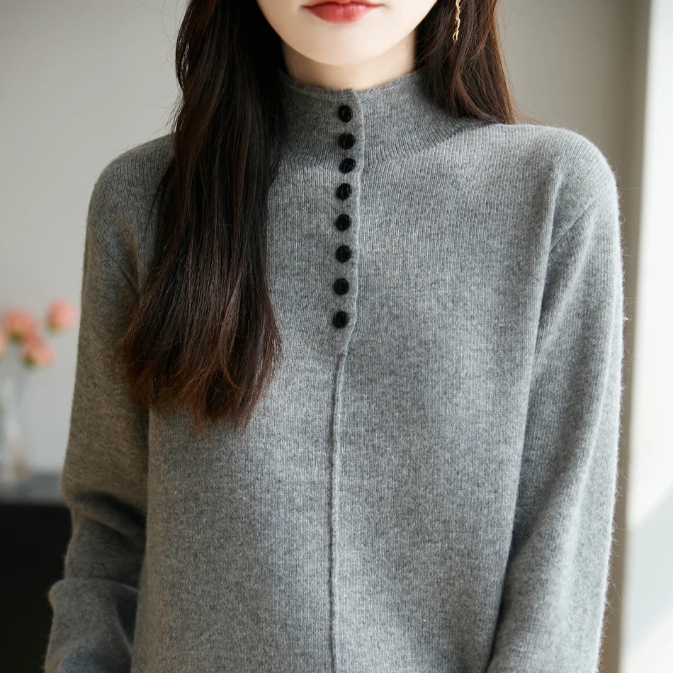 加厚羊毛半高领排扣针织衫 柔暖软糯舒适亲肤 宽松版型更显气质