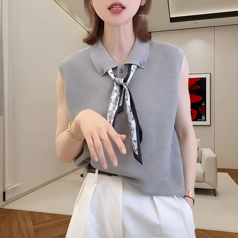 新款显瘦女时尚polo领丝巾无袖针织上衣