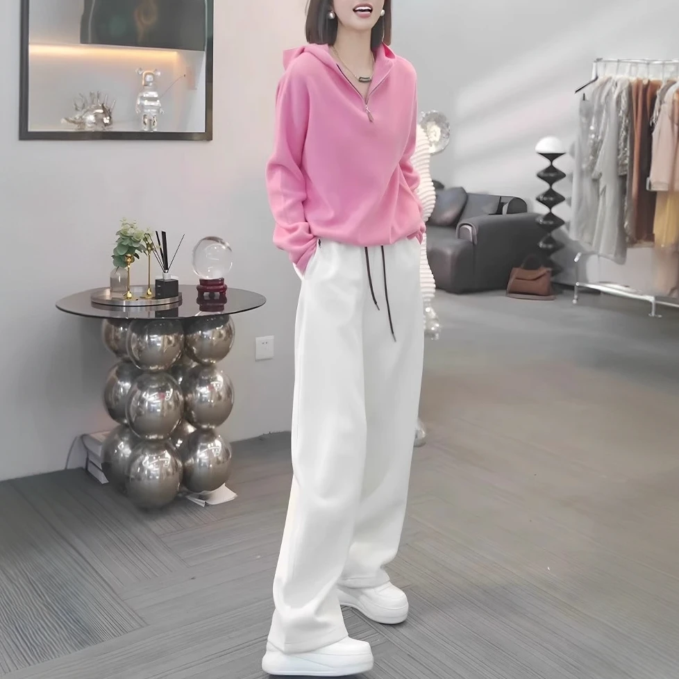 韩版休闲运动风简约长裤一整套粉色套头宽松显瘦长袖上衣两件套女