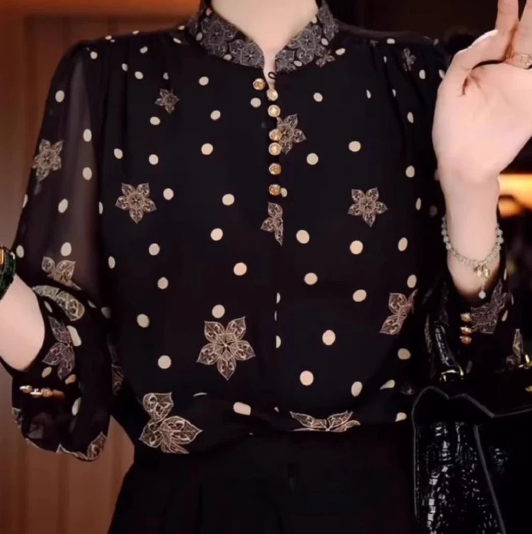 2025夏印花修身款显瘦长袖波点时尚衬衫气质百搭女士打底女装小衫