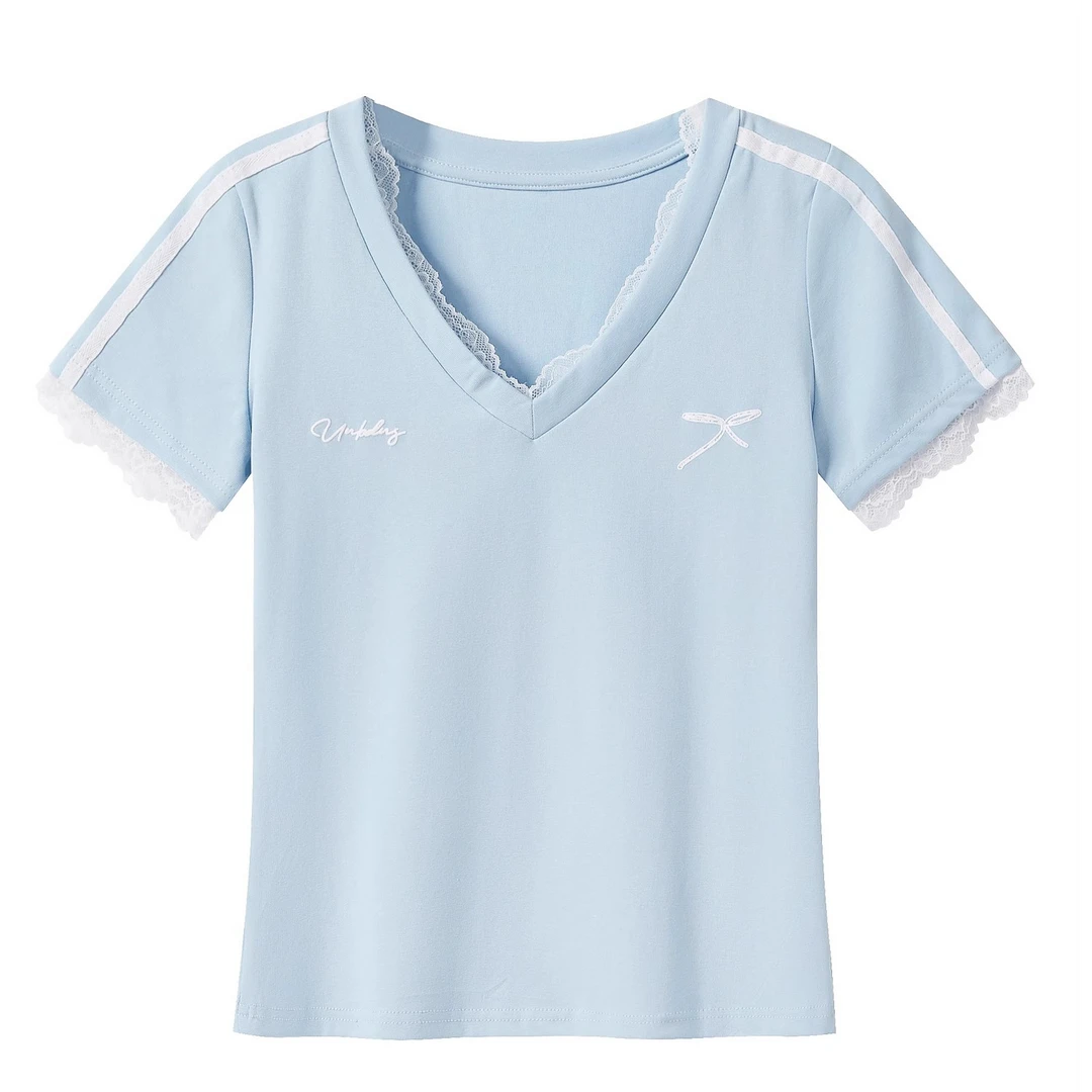 羊城故事-蓝色拼接蕾丝v领正肩短袖t恤女2025新款设计感上衣672