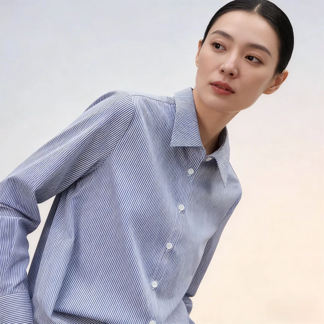 23160女士蓝色条纹时尚衬衣长袖衬衫宽松显瘦设计感新款休闲百搭