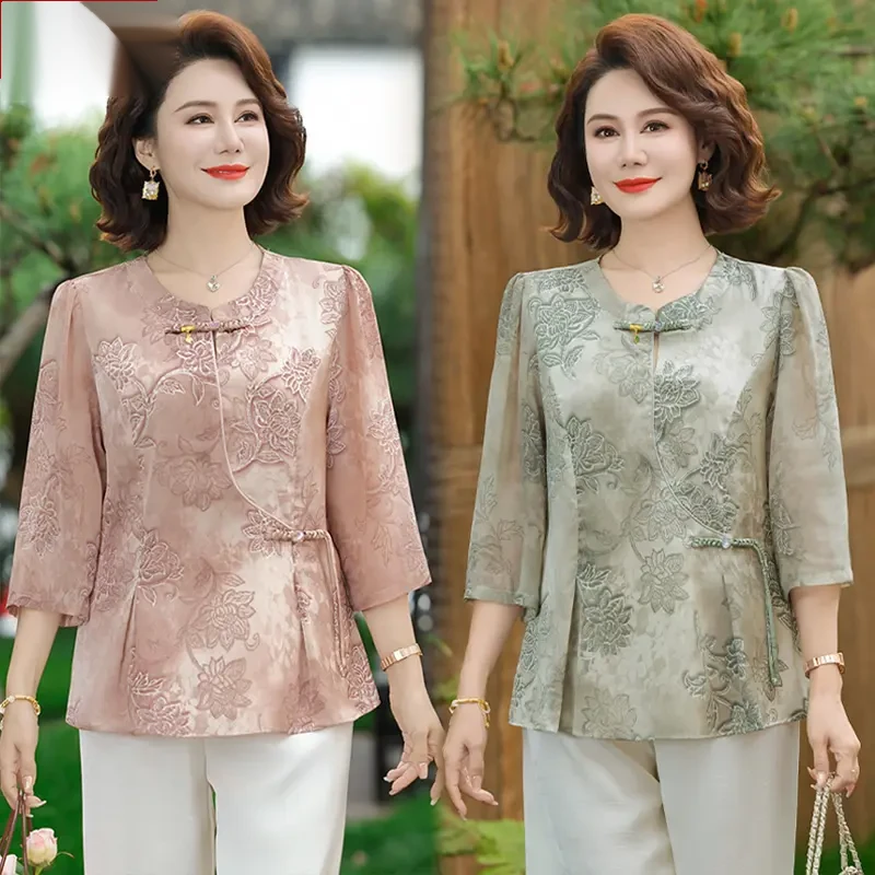 新中式妈妈春夏装立领印薄款小衫中老年女装宽松显瘦时尚两件套