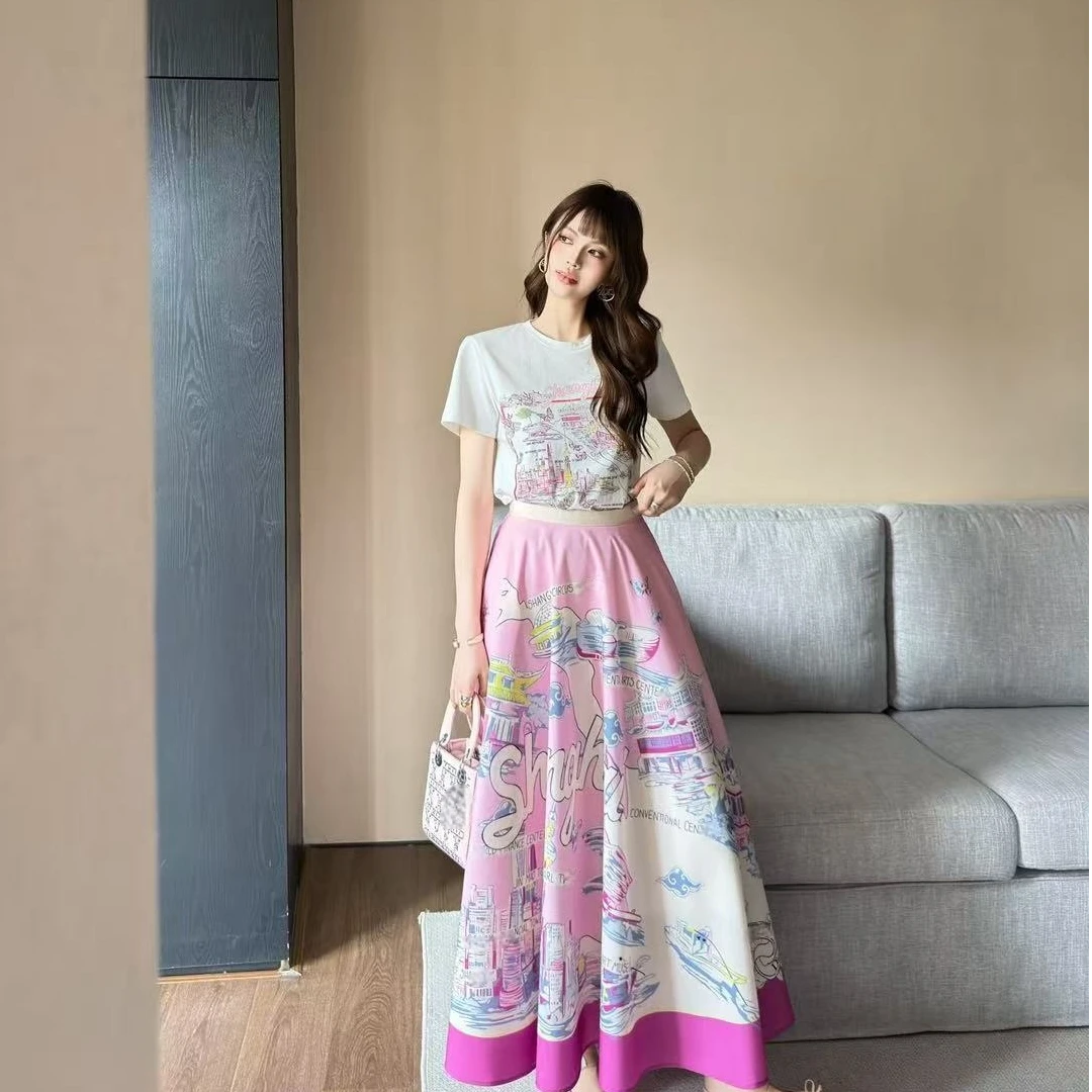 D家印花植物花卉半身裙气质女度假多巴胺显瘦高腰褶皱长裙子