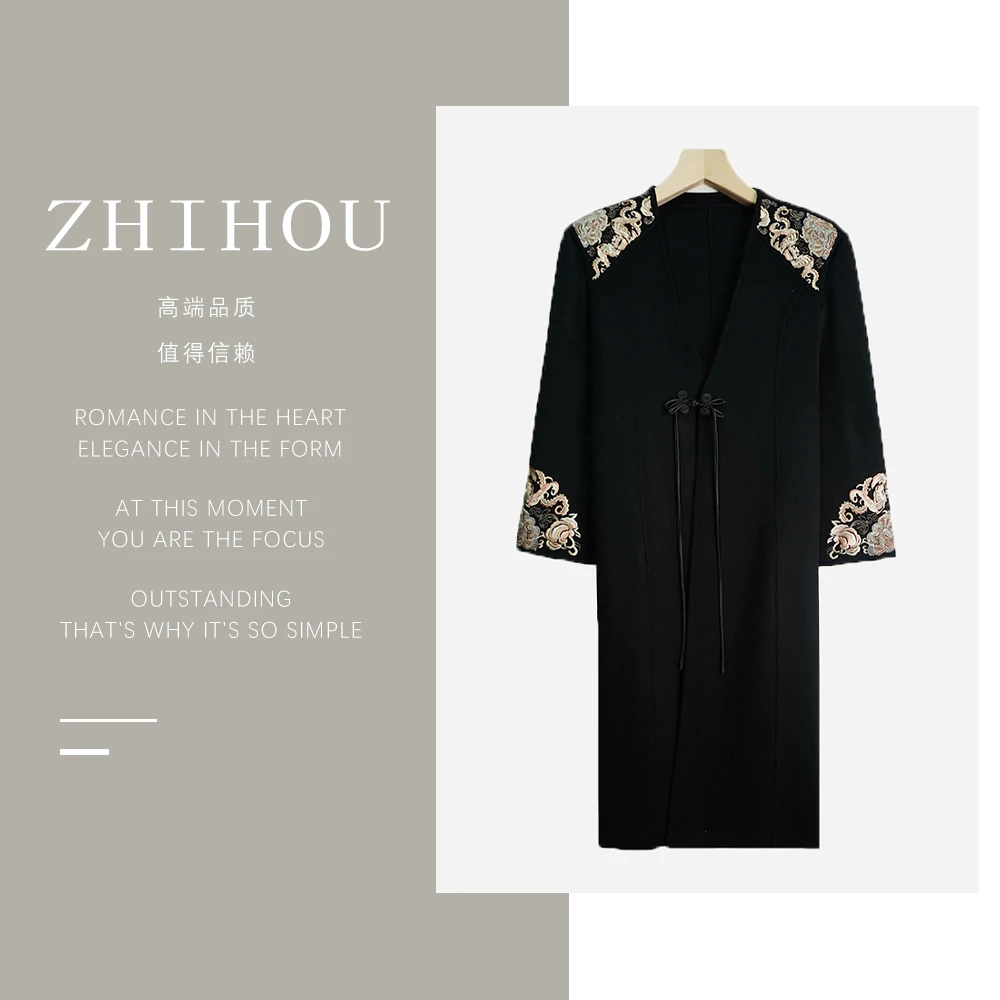 X24312【新中式拜年服】休闲感绣花复古日常中国风双面呢大衣3Q