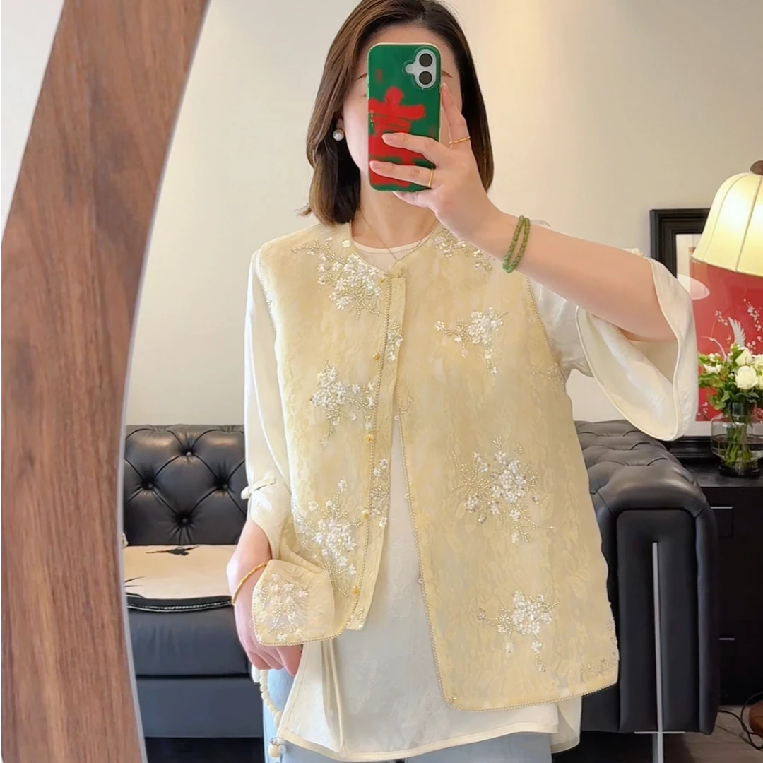 Art li夏季提花薄款圆领印花女刺绣透气马夹宽松时尚蕾丝82502