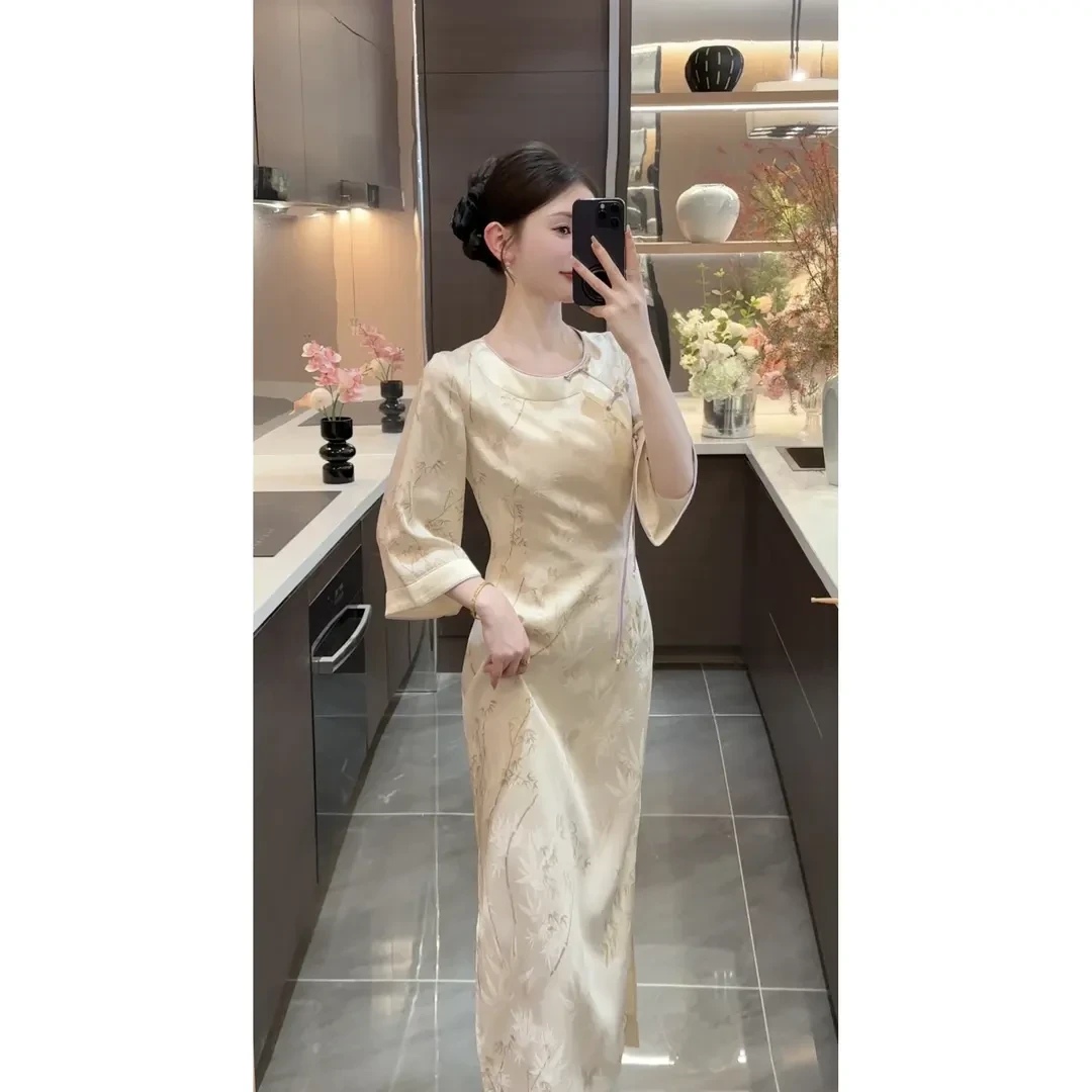 【紫香玉】新款新中式禅意盘扣气质优雅连衣裙子女装新款收腰显瘦裙