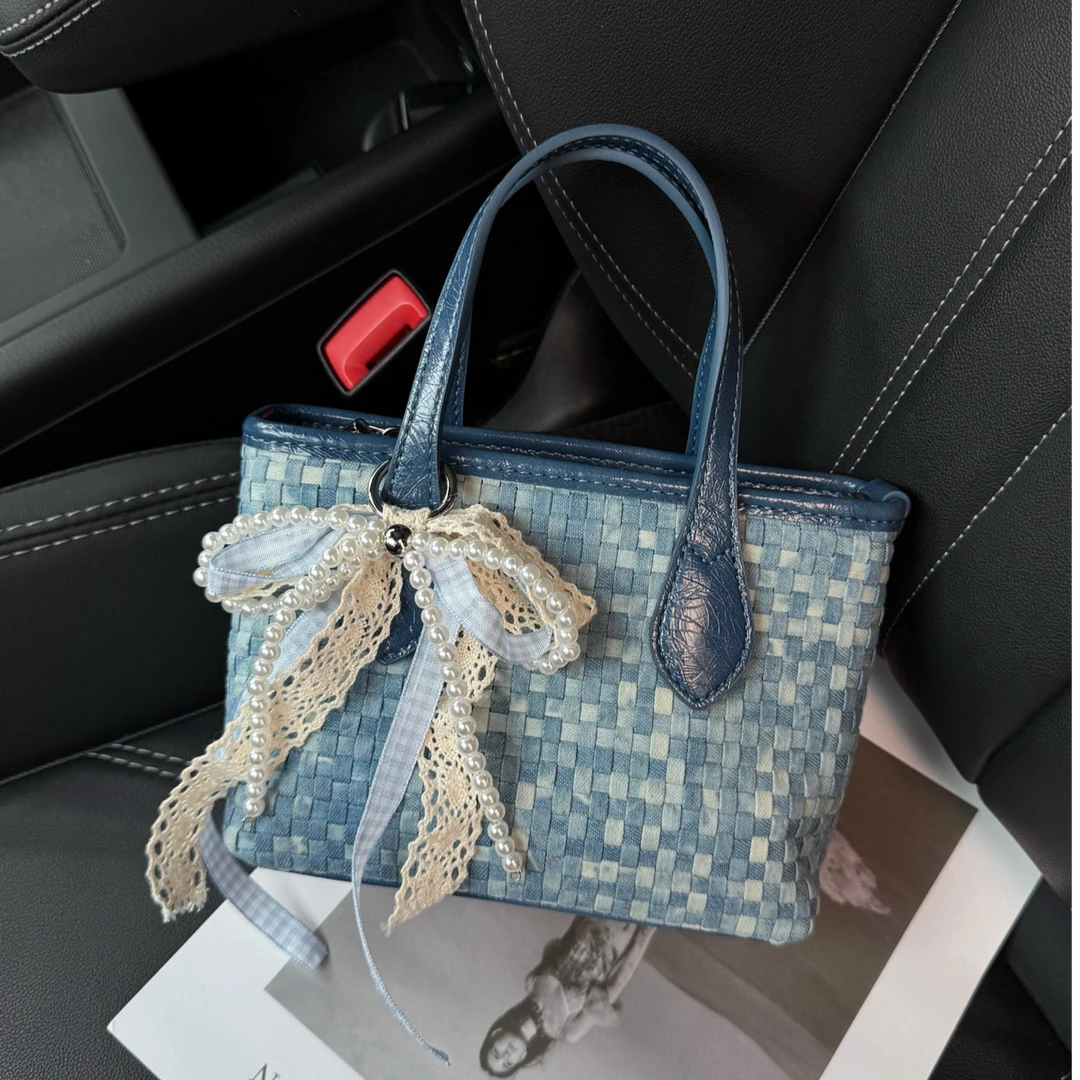 春夏牛仔编织菜篮子夏季休闲女士小众洋气时尚韩版手提斜挎通勤包