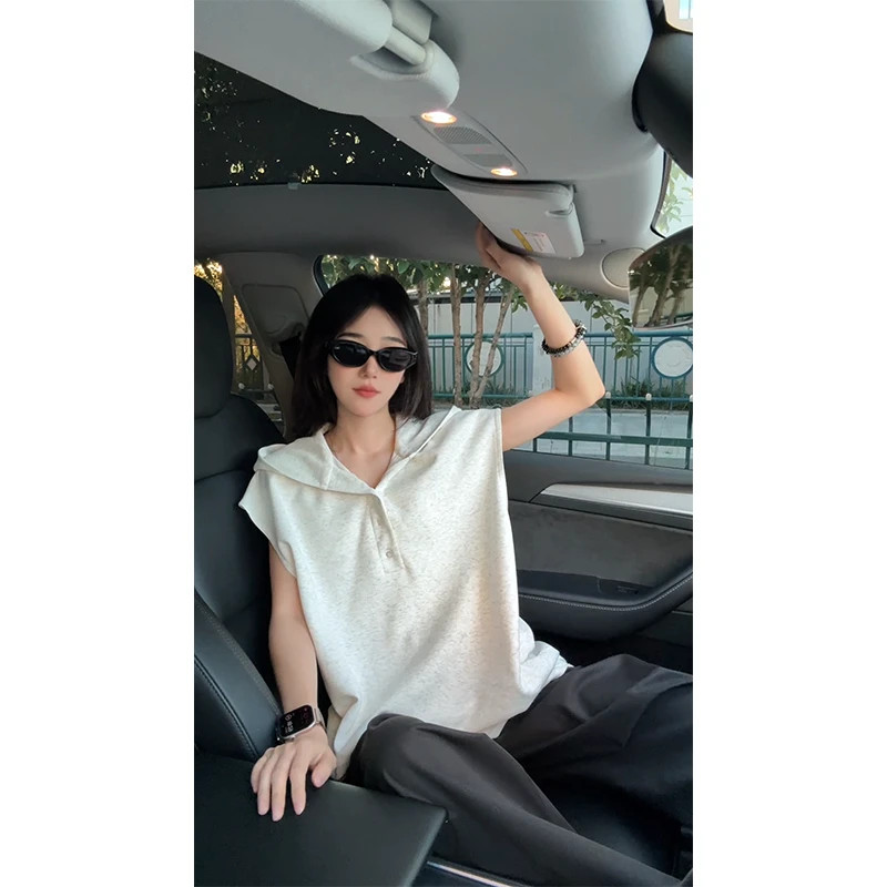 白花灰色无袖连帽运动背心男女潮流痞帅高级感亨利领夏季美式坎肩