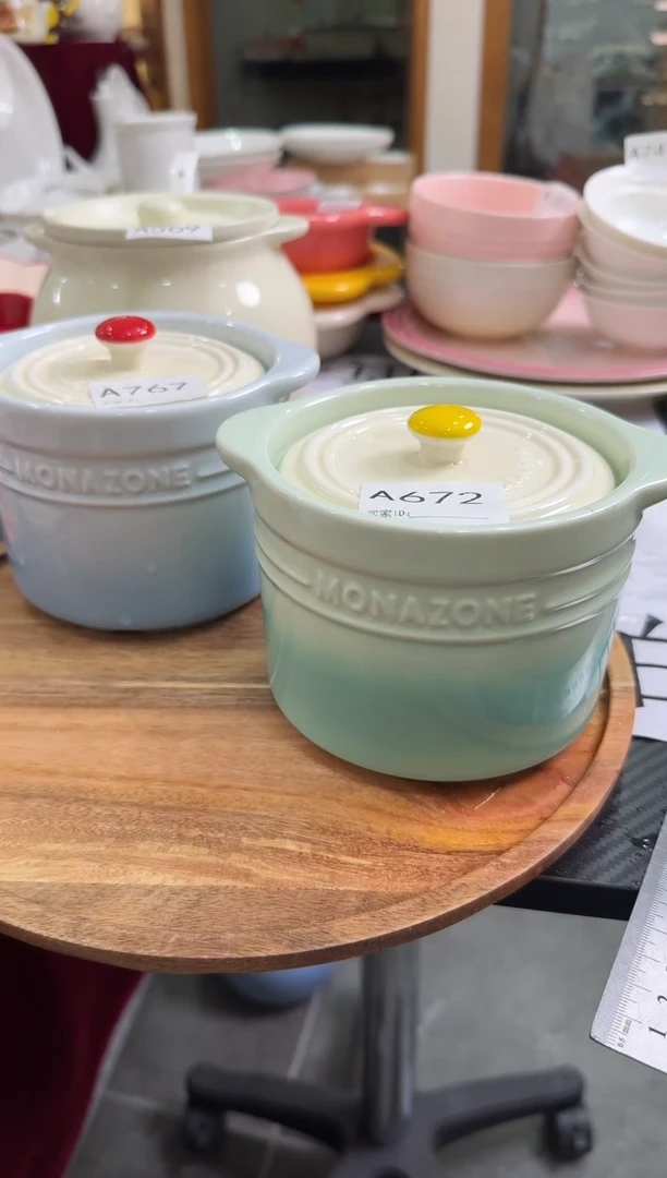 摆件陶A672 渐变色炖盅（1蓝+1绿）盖子颜色随机