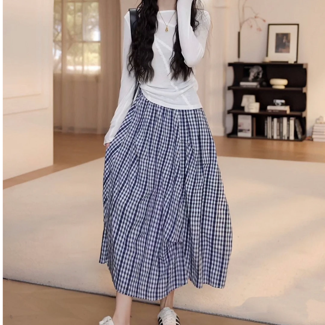 洋气休闲装春季蕾丝花边长袖T恤上衣百搭格子半身裙气质套装显瘦