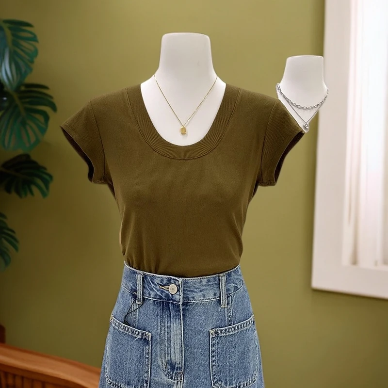 新款修身绿色U领小飞袖针织正肩T恤衫女2025夏季薄款短袖弹力上衣