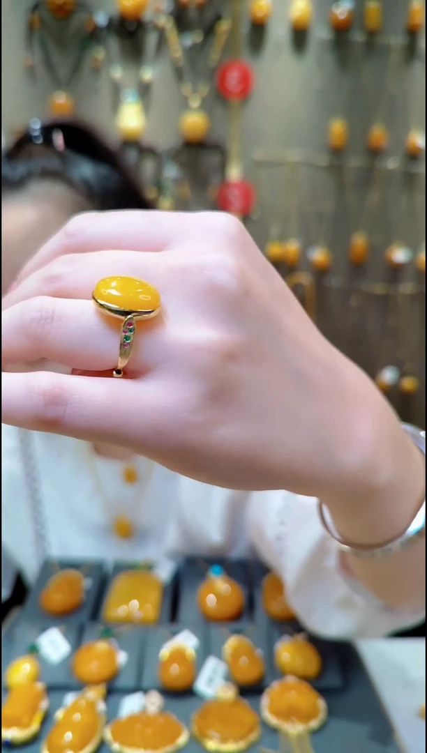 蜜蜡银S925镀金镶嵌戒指﹣D719蜜蜡戒指
