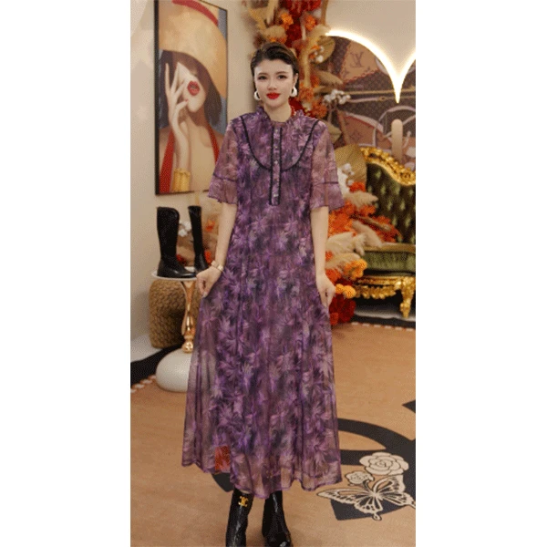 25632  《重磅炸蛋》台湾沙气质轻奢夏季紫色女士优雅连衣裙