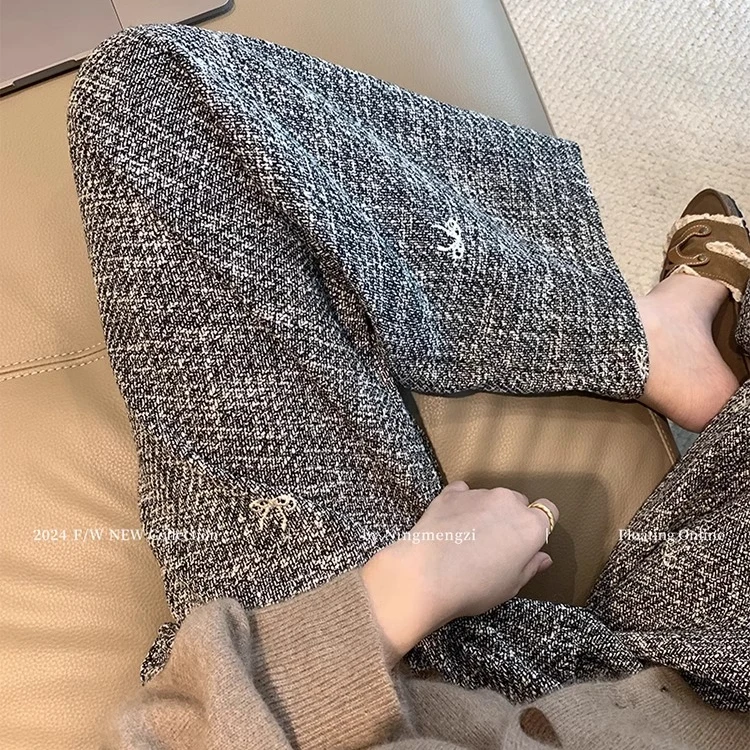 新款小香风秋冬款刺绣蝴蝶结编织高级显瘦休闲阔腿裤直筒宽松外穿