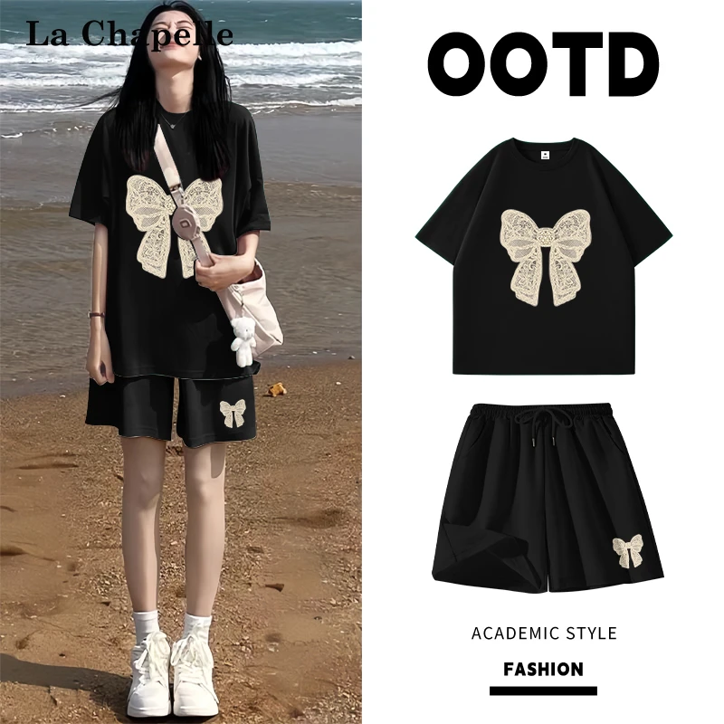 拉夏贝尔巨好看的夏装两件套纯棉短袖短裤女2025新款休闲运动套装