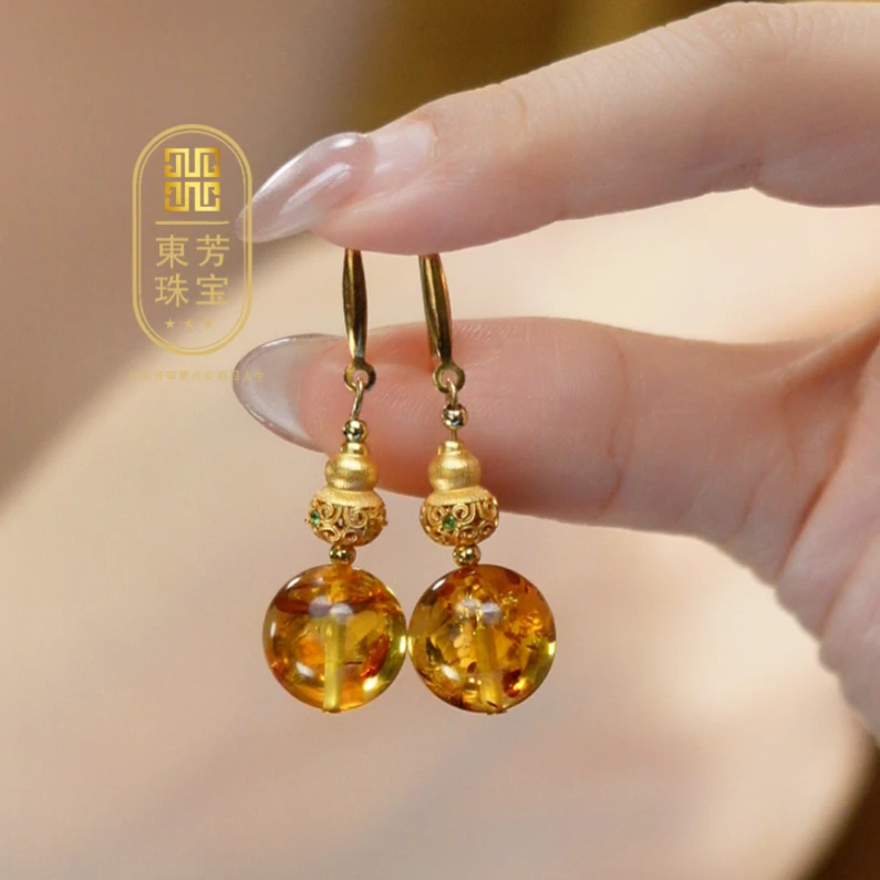 東芳珠宝-13mm俄罗斯天然花珀琥珀耳钩葫芦耳环百搭国风时尚耳环