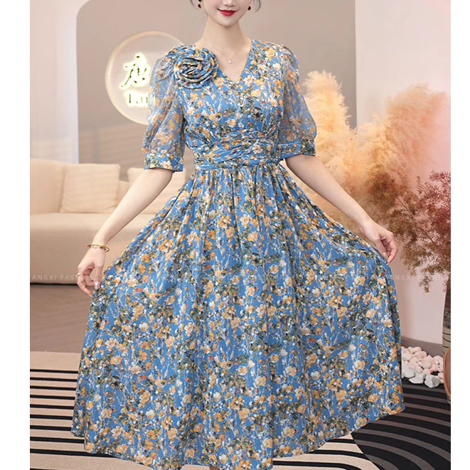 唐熹2025新款【4901】高级百搭气质蓝色碎花v领收腰连衣裙子女