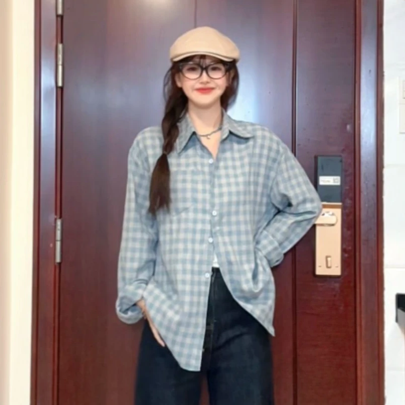 春季格子衬衫女秋宽松休闲新款百搭长袖慵懒中长款防晒衬衣外套