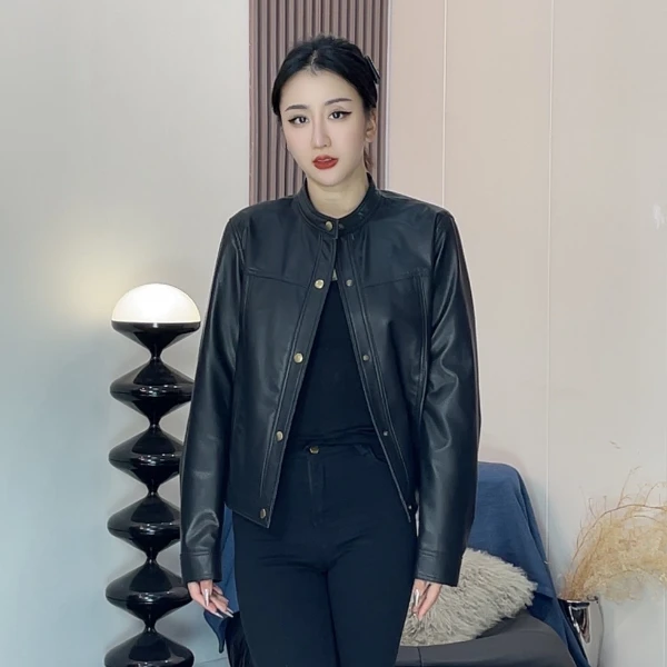 【网红同款】2025春季新款真皮绵羊皮高奢翻领抽绳皮衣外套