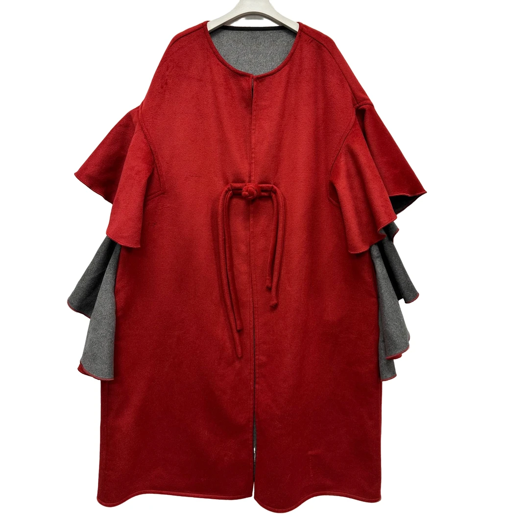 662篱君2025原创新款中长款大衣中式时尚气质宽松荷叶边大衣外套