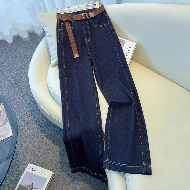 拉夏贝尔时尚丹宁蓝阔腿牛仔裤女2025秋装百搭高腰显瘦百搭直筒裤