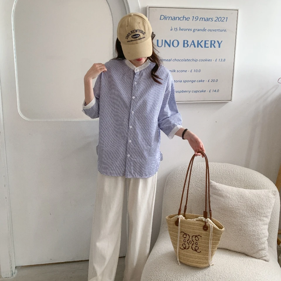 法式设计感蓝色条纹衬衫女2025夏季新款宽松长袖衬衣漂亮独特上衣