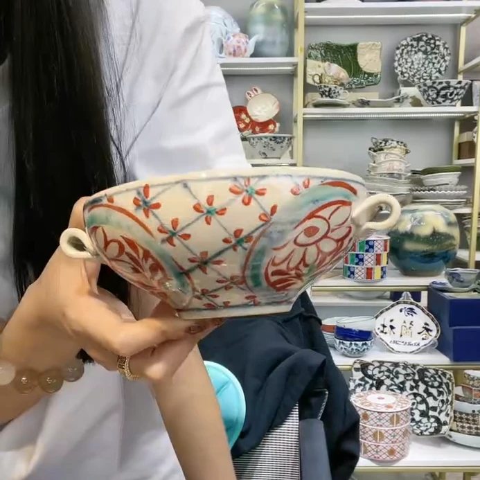 宗【单支】日本进口陶瓷双耳碗14cm-赤绘间取花