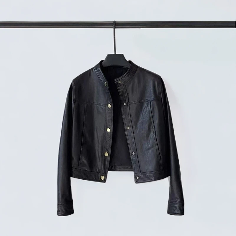 【曼方专属】海宁真皮绵羊皮复古潮流立领皮夹克外套短款皮衣女百搭