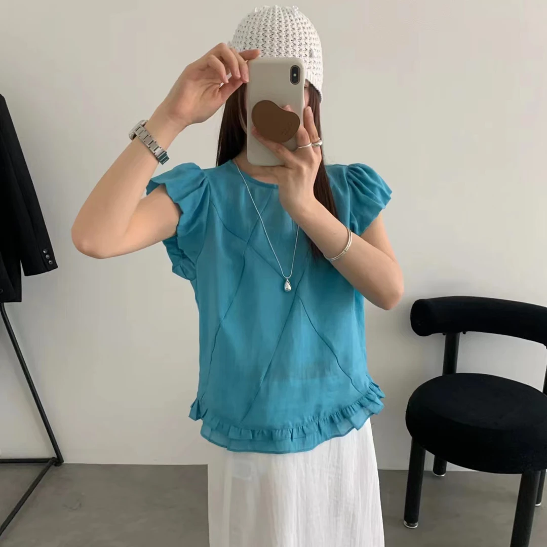 韩系甜美飞飞袖圆领纯色衬衫女2025夏季新款别致减龄百搭显瘦上衣