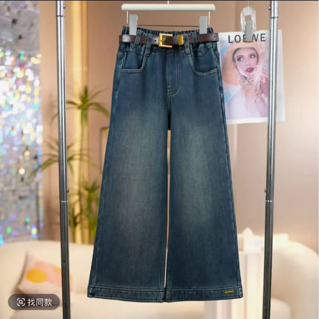 D1010女童加绒设计口袋牛仔裤2025新款冬季中大童脚口贴标直筒裤