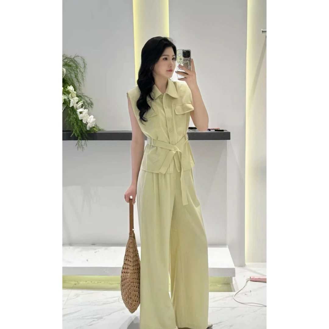 老钱风松弛感穿搭绑带收腰无袖上衣马甲套装阔腿裤两件套亚麻套装