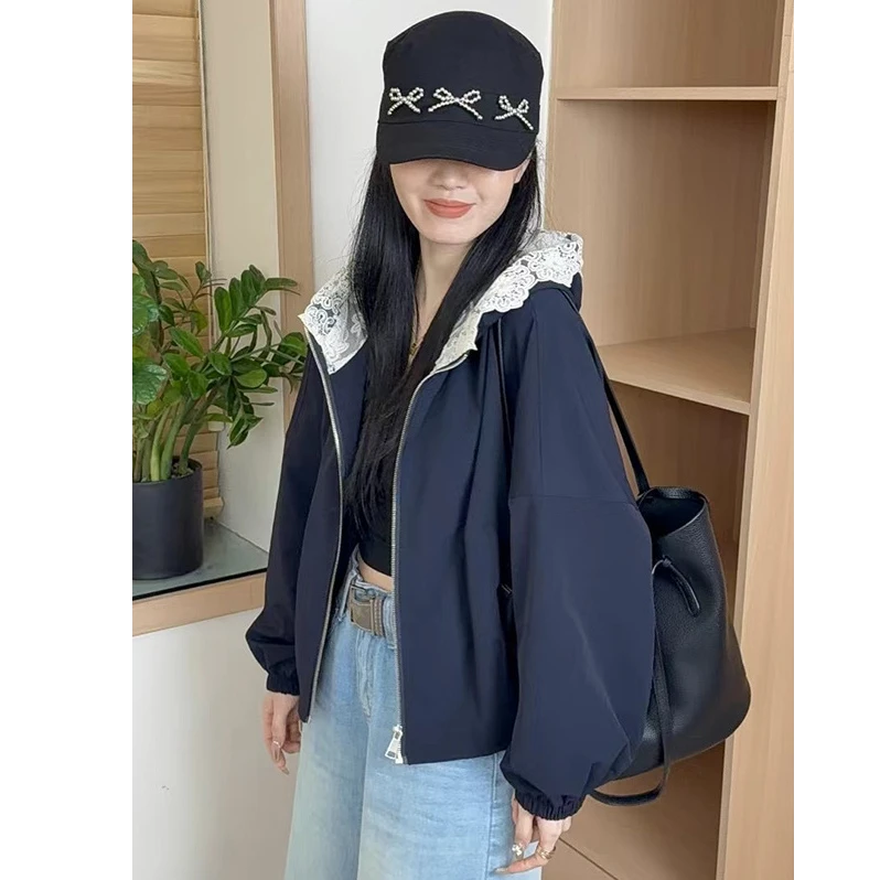 蕾丝拼接连帽夹克外套女春新款2025设计感小个子短款时尚蓝色上衣