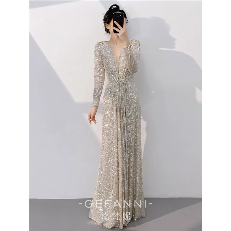 Ocnltiy｜高端晚礼服女2025新款小众长袖亮片年会主持人修身显瘦