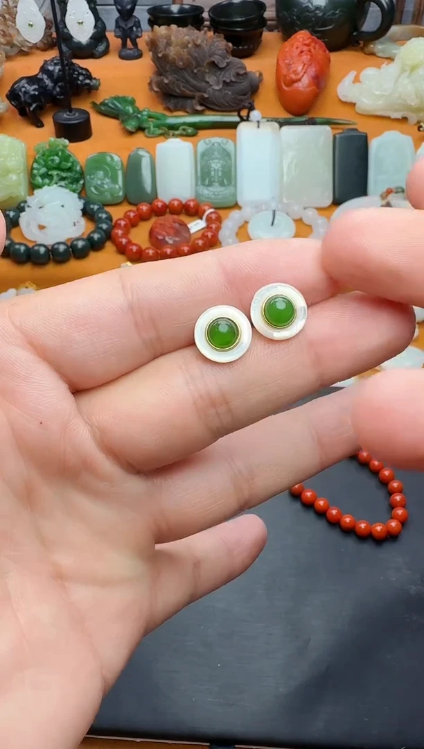 和田玉银S925镶嵌耳饰碧玉耳钉01